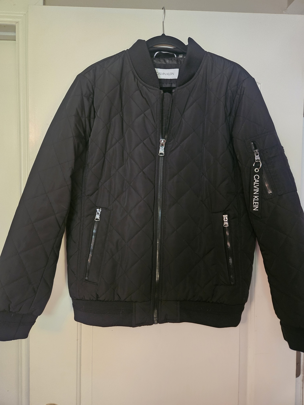 Calvin Klein Men’s Black Quilted Bomber Jacket with Sleeve Zip Detail